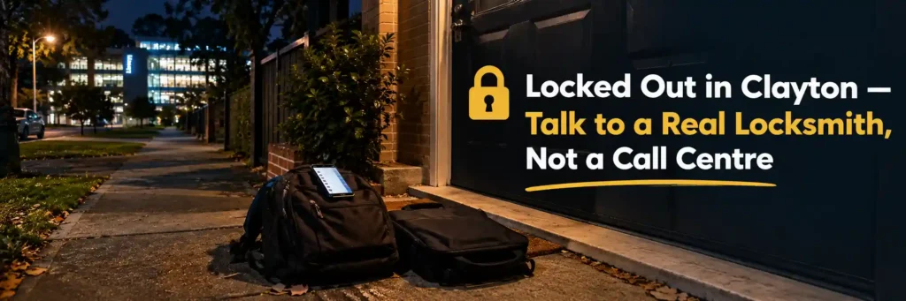 Person locked out in Clayton with luggage outside a property at night while seeking a real locksmith