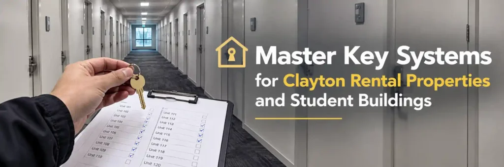 Master key system for Clayton rental properties and student buildings with keys and apartment corridor